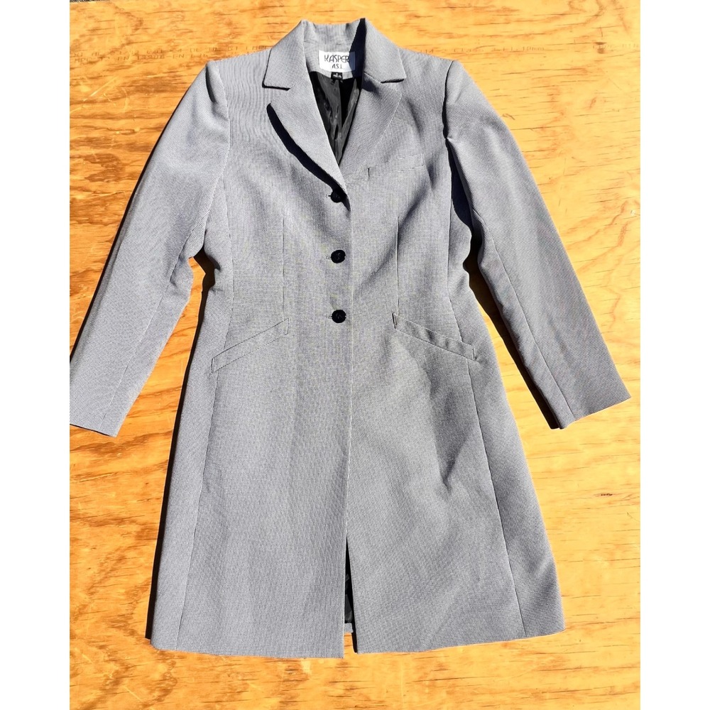 Kasper ASL Womens Grey Houndstooth Longline Blazer Jacket Size 4 Three Button
